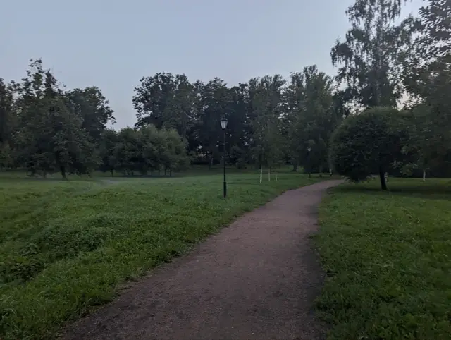 a gravel path curving past a single lamp post, mown grass on both sides under a grey sky